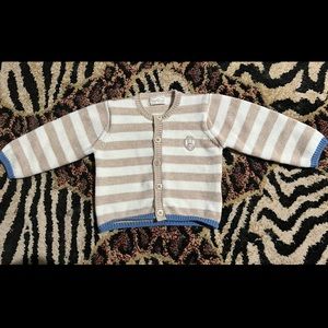 Mayoral Beige and White Striped Button-Down Cardigan with Blue Trim